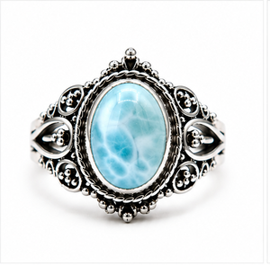 Anillo de Piedra Preciosa Larimar Natural, Anillo de Plata de Ley 925, Joyería con Piedra Ovalada Azul, Anillo Bohemio Hecho a Mano, Regalo para Ella - Product Image 3