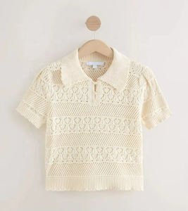 Pull en tricot à manches courtes 100 % coton, personnalisé en usine, style décontracté, pour femme, avec motif ajouré - Product Image 1
