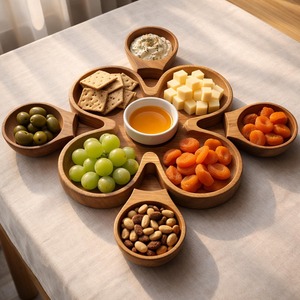 Floral Shape Wooden <b>Serving</b> Platter <b>Set</b> With Dip Bowls For Modern Snack <b>Serving</b> Platter Stylish Tableware And Home Parties - Product Image 6