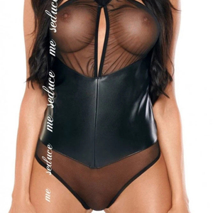 Women's Black PU Leather Bodysuit with Mesh See Through Hollow Out Design Rhinestone <b>Sequined</b> Sexy Lingerie Top for Night Club - Product Image 6