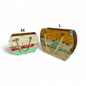 Macetas / Bolsas para Flores de Madera de Barco Reciclada, Color Original, Decoración para Hogar, Jardín y Exteriores, Macetero Redondo de Ratán/Mendong Mediano - Product Image 1