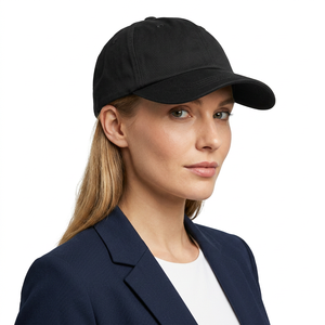 Casquette de baseball noire à 6 panneaux unisexe ajustée en sergé de polyester de couleur unie, chapeau décontracté pour adultes, à porter en toutes saisons - Product Image 3