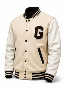 Veste universitaire unisexe beige avec manches blanches, patch G marron, style preppy, col rabattu, coupe classique, vêtement d'hiver, broderie - Product Image 1
