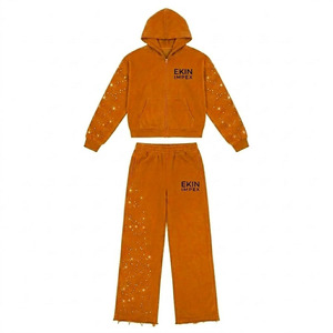 EKIN IMPEX Conjunto de Sudadera y Pantalón Vintage de Dos Piezas en Naranja Quemado con Lavado Mineral, con Pedrería, Sudadera con Capucha Corta de Corte Holgado con Cremallera Completa y Pantalón de Pierna Ancha con Bajo Deshilachado - Product Image 1