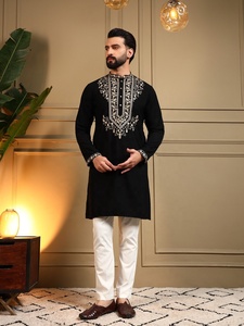 <b>Men</b> Black Embroidered <b>Kurta</b> With White Pajama Regular Fit Traditional Indian Pakistani Wedding Wear For All Seasons - Product Image 1