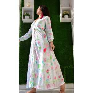 Robe trapèze multicolore blanc rosé en tissu mousseline avec taille naturelle - Product Image 4