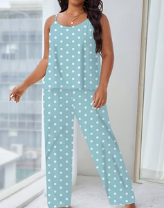 Women Polka Dot Pajama Set Sleeveless Knitted Sleepwear Full Length Pants Elastic Waist Soft Summer Casual Loungewear - Product Image 1