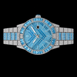 Reloj de Lujo para Hombre con Diamantes Azules y Esfera de Piedras Baguette, Correa Plateada, Diseño de Moda - Product Image 1