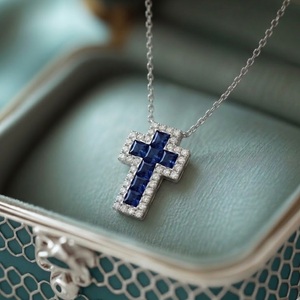 Quick Delivery Jewelry Special Design High End White Gold Natural Diamond & Sapphire Classic Cross Pendant Unisex <b>Gift</b> - Product Image 1
