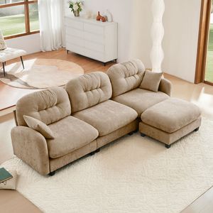 Divano Modulare a L in Tessuto Chenille Premium, Design Trapuntato e Plissettato, Ergonomico, Facile da Installare, con Pouf per Soggiorno - Product Image 1