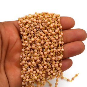 Chaîne de chapelet en pierre de lune pêche hydro, perles rondelles facettées de 3 mm, chaîne de bijoux enroulée de fil plaqué or - Product Image 1