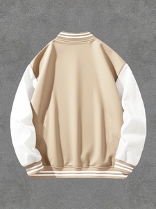 <b>Men's</b> Beige Varsity <b>Jacket</b> With <b>White</b> Sleeves Regular Fit Casual Style Turn-down Collar Single Button Closure Autumn Wear - Product Image 2