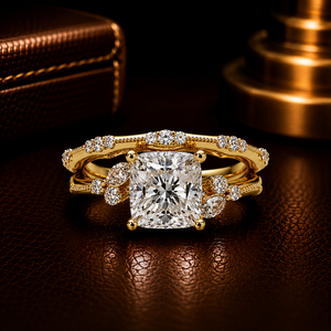 Luxury 14K Pure Gold Cushion Cut Lab Grown Diamond Engagement <b>Ring</b> <b>Set</b> Nature Inspired Marquise Leaf Cluster Bridal Wedding <b>Ring</b> - Product Image 1