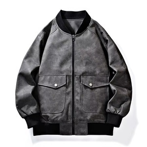 Veste en PU pour homme, couleur unie, fermeture éclair sur le devant, col rabattu, coupe classique, vêtement d'automne, manteau en cuir et laine, veste de baseball - Product Image 6