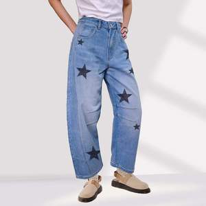 Women's Mid-Rise Star Printed <b>Balloon</b> Jeans Vintage Baggy Horseshoe Breathable Y2K Style Ankle Pants with Logo Waist - Product Image 3