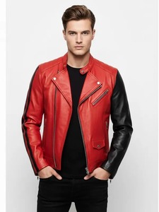 เสื้อแจ็คเก็ตหนังสีแดงสไตล์คาเฟ่เรเซอร์แบบสตริป - Product Image 1