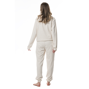 Conjunto de Pijama de Dos Piezas de Punto Crema para Mujer, Manga Larga, Cuello Redondo, Corte Holgado, Ropa Casual, Color Sólido, Transpirable, para Todas las Temporadas - Product Image 6