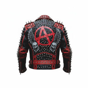 Men's Red & Black Spiked <b>Gothic</b> Leather <b>Jacket</b> - Anarchy Symbol & Winged Skulls Punk Aggressive Biker <b>Jackets</b> - Product Image 3