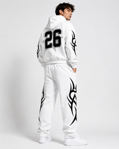 Conjunto de Sudadera con Capucha Blanca Extra Grande y Pantalones Deportivos con Estampado de Llamas Tribales, Traje de Dos Piezas Estilo Urbano Unisex - Product Image 5