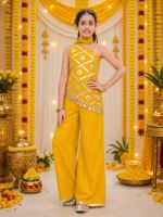 Ensemble Kurti et Palazzo pour filles Titrit Georgette sans manches, orné, style fête, en matériaux recyclés, avec foulard intégré - Jaune