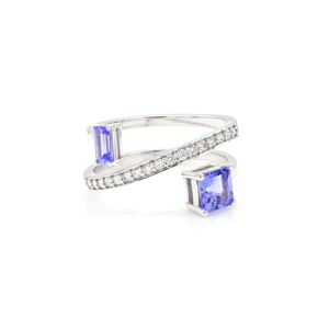 Bague Crossover Prête à Expédier, Authentique, 1,08 CTW, Tanzanite et Diamant Taille Carrée, Empilable, en Or Blanc Massif 14 carats, Bijoux - Product Image 1