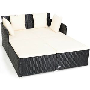 Divano Letto da Esterno in Rattan Bianco con Comodi Cuscini Imbottiti per Divani da Giardino - Product Image 2