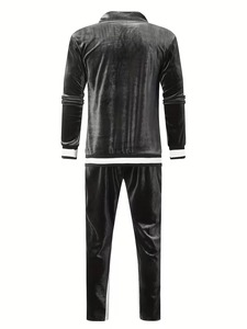 Men Velvet Tracksuit Set Full <b>Zip</b> Jacket Pants Solid Blue Casual Sportswear Autumn Wear Breathable Polyester Material - Product Image 6
