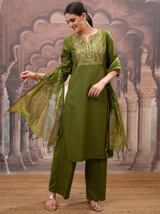 Green Embroidered Sequined Quick Dry <b>Kurta</b> Palazzo Dupatta Traditional Ethnic Wear <b>Women</b> Regular Fit Knee-Length Silk Blend - Product Image 1