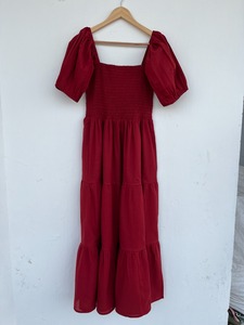Women Burgundy Smocked Cotton Maxi Dress Square Neck Puff Sleeve Tiered Solid <b>Summer</b> Wholesale - Product Image 1