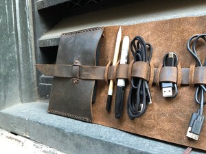 Eco Friendly Tanned Leather <b>Cable</b> Organizer Sustainable Cord Holder Wire Management Travel Tech Pouch Factory LCO-0094 - Product Image 5
