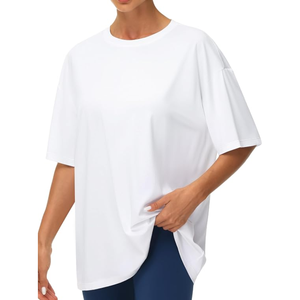 T-shirt décontracté oversize pour femme, style hip-hop, uni, manches courtes, épaules tombantes, léger, respirant, en jersey 100 % coton, idéal pour la gym - Product Image 1