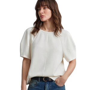 Camiseta de Manga Corta para Mujer, Color Sólido, Cuello Raglán, Puños Fruncidos, Detalle de Panel en el Cuerpo, Corte Regular, Ecológica - Product Image 1