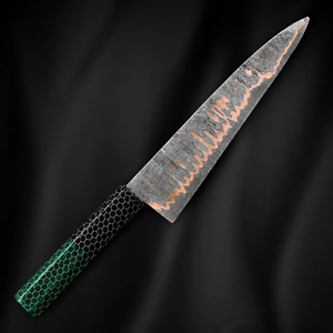 Couteau de chef en acier Damas forgé à la main, 12 pouces, manche en résine de style japonais, motif incrusté de cuivre, lame pleine longueur - Product Image 2