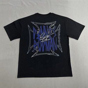 เสื้อยืดแขนสั้นสีดำสำหรับผู้ชาย พิมพ์ลายสายฟ้าด้านหน้า คอกลม สไตล์ลำลอง ทรงโอเวอร์ไซส์ ผ้าเจอร์ซีย์คอตตอน 100% - Product Image 4