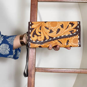 Handmade Tooled Leather Sunflower Pattern <b>Women</b> Clutches High Quality Stylish Cash & Card Holder Long Clutch Evening <b>Wallet</b> - Product Image 2