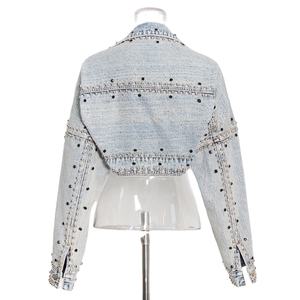 Veste en jean courte à manches longues pour femmes, streetwear décontracté, vente en gros, boléro, vêtements d'extérieur avec rivets cloutés, veste en jean courte - Product Image 4