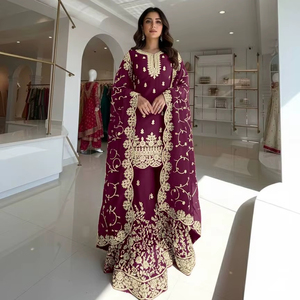 Traje Salwar Sharara Dupatta de viscosa georgette con bordados de aspecto lujoso para bodas indias, listo para usar, fabricante. - Product Image 1