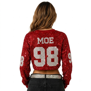 Custom <b>Rhinestone</b> <b>Crop</b> American Football Jersey Women Long Sleeve Glitter <b>Top</b> Y2K Mesh Boutique Wear Red Glitter Women <b>Crop</b> <b>Top</b> - Product Image 3