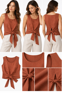 <b>Women's</b> Dusty Rose <b>Linen</b>/Cotton Blouse Sleeveless Crop Elastic Waist Belt Front Loose Elegant Casual Summer Vacation Resort Wear - Product Image 6