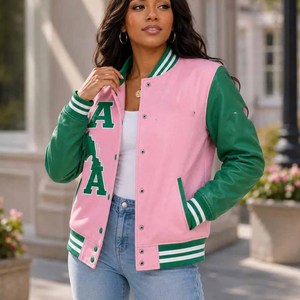 Premium AKA Wool Eco-Friendly Breathable Varsity <b>Jacket</b> <b>Pink</b> Green Sorority Embroidered Crest Logo Front <b>Waterproof</b> Women's - Product Image 1