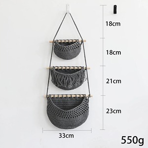 Macrame Hanging Storage <b>Basket</b> Set Of 3 With Wooden Rod Ideal For Home Wall Organizer Living Room Bedroom And Boho Decor - Product Image 6