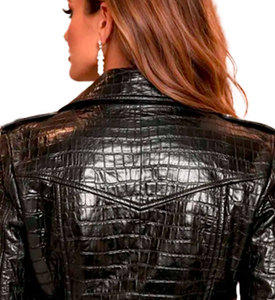 Blouson Moto Femme Noir en Soie/Coton Gaufré, Col Montant, Manches Longues, Couleur Unie, Longueur Standard, Fermeture Éclair, Finition Soignée - Product Image 3