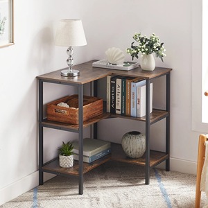 Industrial Wooden Corner Bookshelf Three-Layer <b>Storage</b> Rack Durable Lacquered Finish Standing Type Living Room Rectangle Shape - Product Image 5