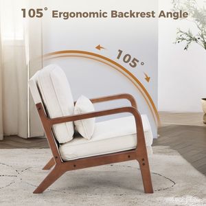 Poltrona Moderna con Braccioli e Cuscino, Struttura in Legno - Sedia da Lettura Beige per Soggiorno, Camera da Letto o Palestra - Product Image 4