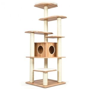 Albero per Gatti Regolabile in Legno Massello Multistrato con Corda Antigraffio per Gioco Indoor - Product Image 2