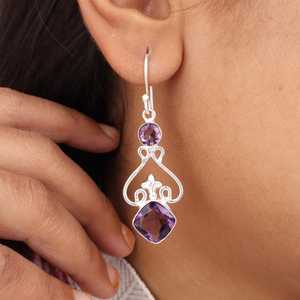 African Amethyst Sterling <b>Silver</b> <b>Earrings</b> Two Stone Boho <b>Dangle</b> <b>Earrings</b> Handmade Gemstone Jewelry Gift for Women - Product Image 1