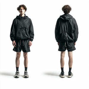 Ensemble veste coupe-vent à capuche et short pour homme, léger, sportif, coupe ample, couleur unie, fermeture à cordon, tenue de pluie d'été pour homme - Product Image 5