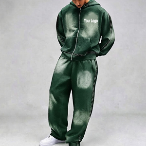 Ensemble sweat à capuche et pantalon de survêtement 100 % coton coupe classique imprimé délavé effet soleil, avec logo brodé personnalisé – Prix de gros - Product Image 5