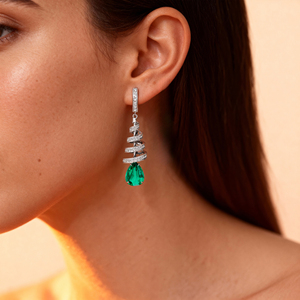 18k Solid Gold Long Dangle Drop Earrings With Lab Grown <b>Emerald</b> Gemstone & Real Diamonds Fashionable Solitaire Gemstone Earrings - Product Image 2