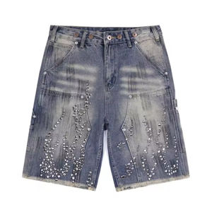 Pantalones Cortos de Mezclilla de Alta Calidad, Estilo Urbano, 100% Algodón, Desgastados, con Remaches de Diamantes de Imitación, Lavados, Estilo Carpintero, Vintage, Bonitos, de Tiro Medio - Product Image 2